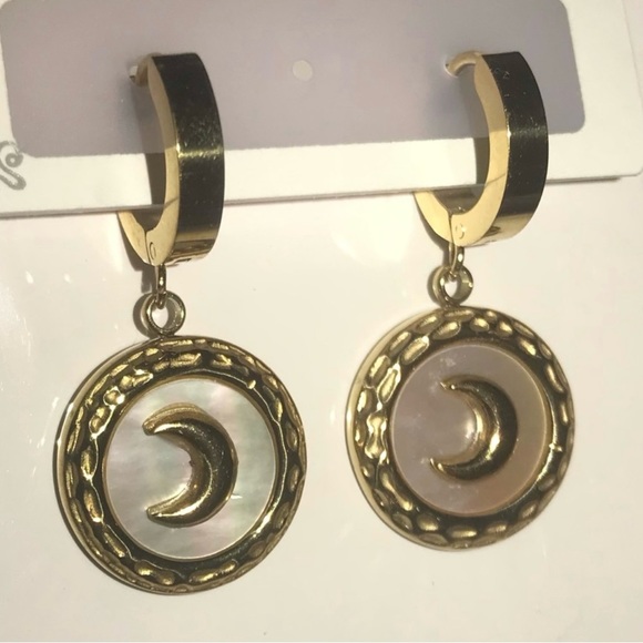 “Mother of Pearl Crescent Moon” Rainbow Iridescent Celestial Gold Steel Hoops - Picture 16 of 17